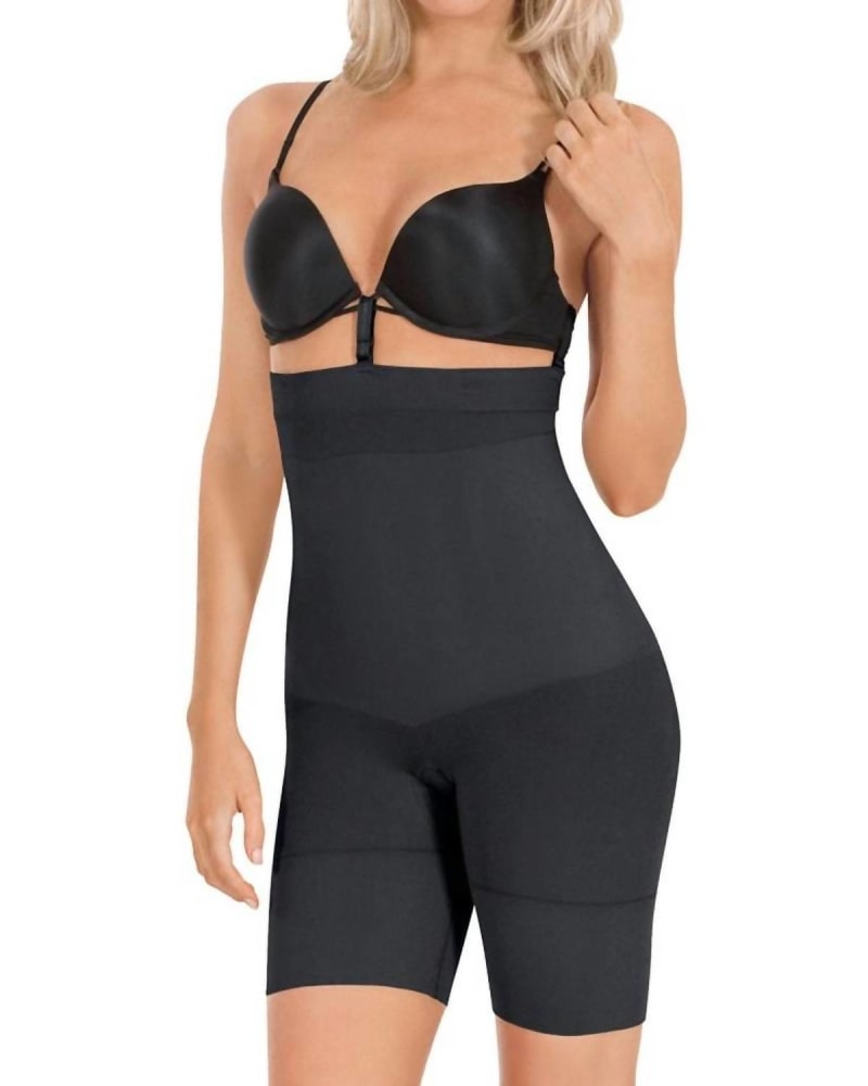Front of a model wearing a size Large Seamless High Waist Boxer Shaper in Black in Black by EuroSkins. | dia_product_style_image_id:345567